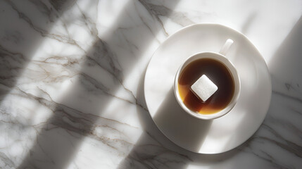 Elegant coffee break with a sugar cube dissolving in a white cup on a marble surface, illuminated by sunlight.