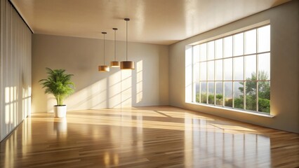 Obraz premium Sunlight streams into a minimalist room with hardwood floors, illuminating a potted plant and three pendant lights