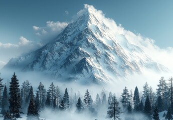 Obraz premium This stock photo features a majestic snow-capped mountain peak surrounded by mist, set amidst a winter landscape