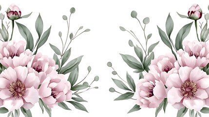 Soft romantic pink peonies in full bloom their lush and delicate petals painted in gentle watercolor washes against a pristine white backdrop creating a serene and elegant floral composition
