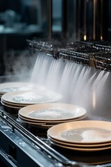 Fototapeta premium Dishwasher cleans plates and steam rises.