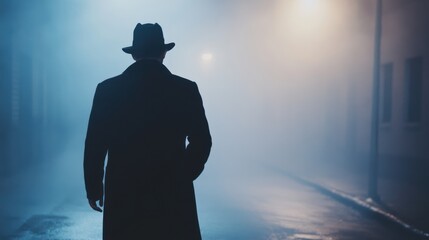 A detective walking through a foggy street while investigating a case. Featuring stealth and observation
