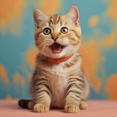 Cute tabby cat on colorful background. Little kitten. Animal concept