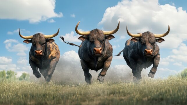 Bull stampede across green field under blue sky