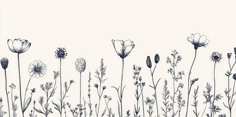 Luxury botanical background adorned with trendy wildflowers and minimalist flowers, perfect for wall decoration or wedding