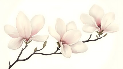 Obraz premium Stunning white magnolia flowers in a minimalist watercolor style painting with large soft petals in shades of white and hints of blush pink set against a clean white backdrop