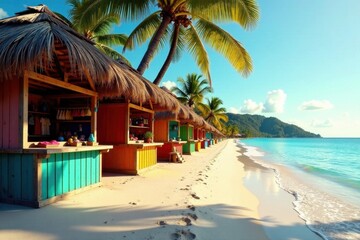 Fototapeta premium Vibrant Beachfront Kiosks Under Palm Trees on a Sunny Day with Gentle Waves