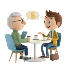 Obraz premium 3D of Elderly businessman in glasses and suit sitting at table discussing business matters with younger colleague wearing suit while drinking coffee concept of business experience sharing