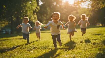 Five children race each other across a grassy park, their laughter filling the air as the sun sets, creating a warm and joyful atmosphere in the evening light.