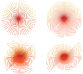 Abstract radial patterns, geometric sunbursts, gradient color transitions, orange and red hues, minimalist design,dynamic radial forms, digital illustration