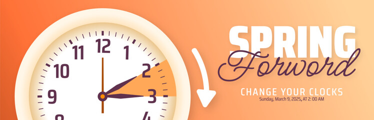 Spring Forward concept 2025 background or banner design. Daylight Saving Time Starts background and cartoon doodle style with clock design.