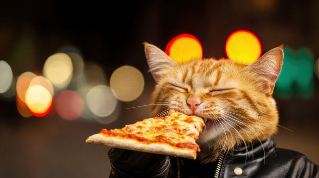 joyful orange cat enjoying slice of pizza in vibrant setting