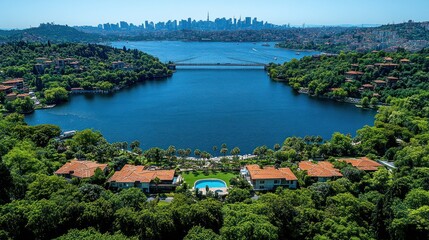 Fototapeta premium Panoramic view of lake, city skyline, and waterfront homes.