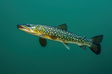 Fototapeta premium Northern pike swims gracefully through the clear turquoise water