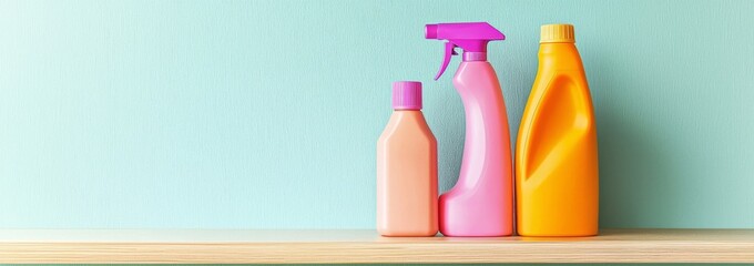 Concept of spring cleaning with various supplies arranged on a wooden table