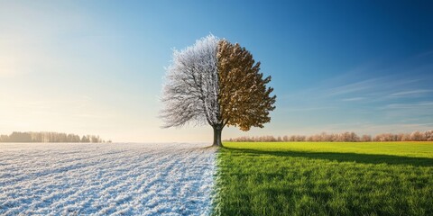 A tree with one half covered in snow and the other in grass