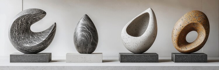 Stock image featuring a generic set of abstract decor sculptures made from diverse materials, ideal for decorating homes, public areas, or reception spaces, isolated on a transparent PNG