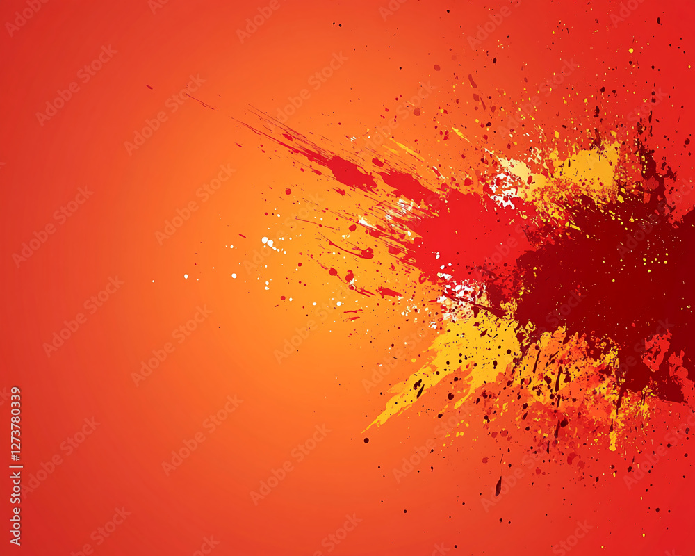Poster a dynamic explosion of red and yellow paint splashing across a vibrant orange background, symbolizin