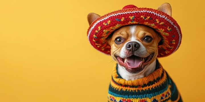 Happy dog in colorful sweater and sombrero poses against a bright yellow background