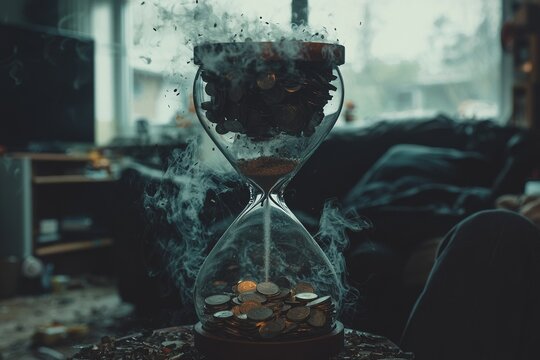 Time and wealth are visually embodied by an hourglass filled with coins, surrounded by a haze, which conveys the impermanent nature of monetary possessions
