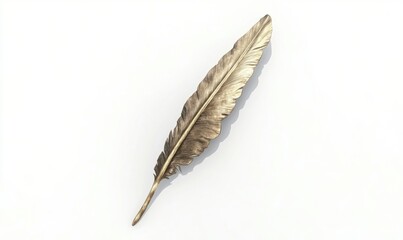 A detailed golden feather lying flat against a white background, showcasing its intricate texture