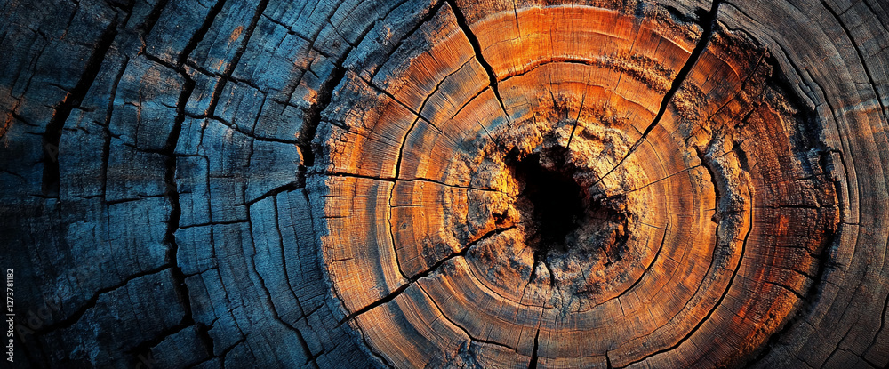 Poster close-up of a tree trunk with concentric growth rings and vibrant colors, showcasing the texture and