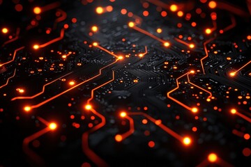 Closeup of a circuit board with glowing orange lights creating a hightech atmosphere