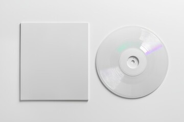 A 3D rendering of a CD disc and carton packaging cover template mock up, showcasing a digipak case of cardboard with a CD drive, includes a white blank area for branding design or text and is