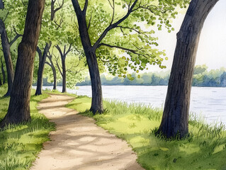 Fototapeta premium serene watercolor landscape featuring tree lined path by river, showcasing lush greenery and soft sunlight