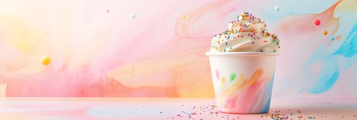 Whimsical Yogurt Cup with Sprinkles in Vibrant Colorful Background