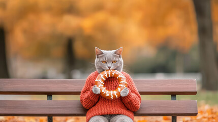 joyful gray cat in cozy sweater holds giant pretzel in park