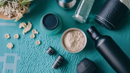 Healthy lifestyle products arranged on textured teal surface.