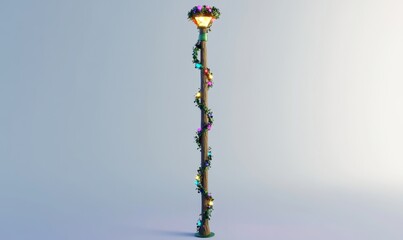 A festive street lamp adorned with colorful lights and greenery, illuminating a serene urban scene