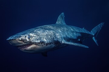 Huge ragged tooth shark cruises in the dark blue ocean