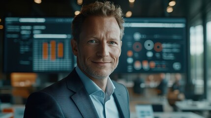 Confident Businessman in Modern Office with Data Analytics Display