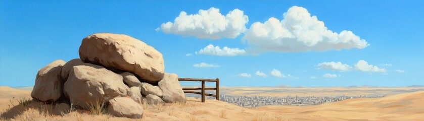 Desert Vista, A City Rises Beyond Rocks and Wooden Fence under a Vast Blue Sky with Puffy Clouds