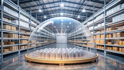 A transparent dome over a refrigerated chamber filled with shelves for storing food items , industrial refrigeration , refrigeration chamber