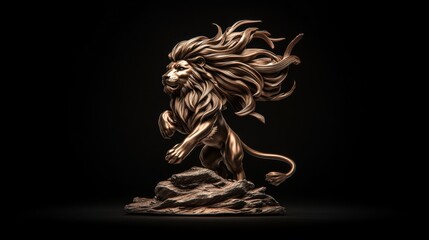 Bronze Lion Sculpture with Intricate Details Standing on a Rock in Dramatic Lighting