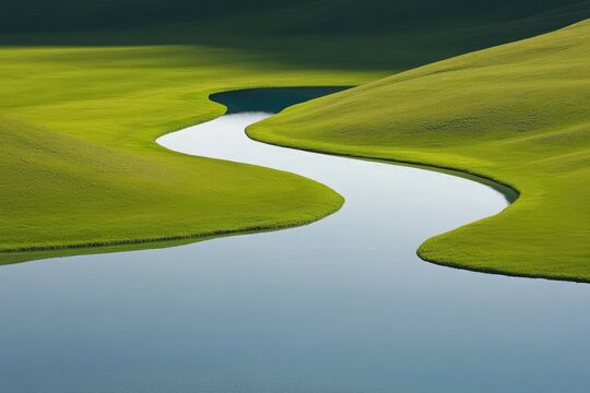 Winding river lush green hills blue sky
