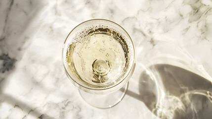 Elevated view of a glass with sparkling beverage on a marble surface. The glass casts intricate shadow.