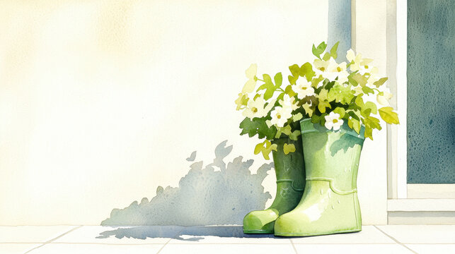 Green rubber boots with flowers, watercolor art, nature, gardening, home decor, spring vibes
