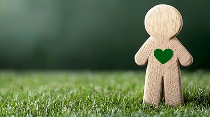 Wooden figure with a heart shaped emblem standing on lush green grass representing the concept of environmental sustainability renewable energy