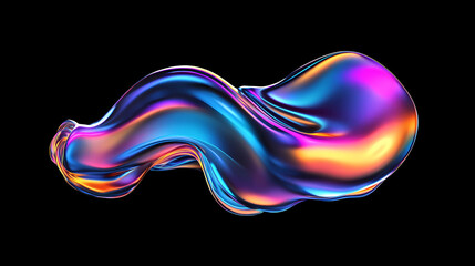 Obraz premium Bold holographic liquid blob shape isolated. Iridescent wavy melted substance on black background