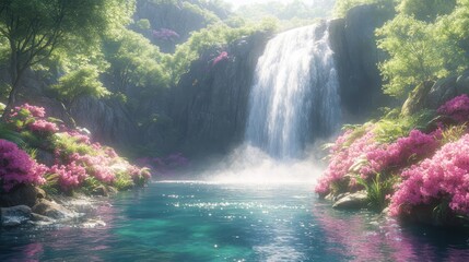 Obraz premium A mystical waterfall cascades into a crystal-clear pool, surrounded by lush jungle plants, with rainbow mist filling the air in a serene, magical setting.