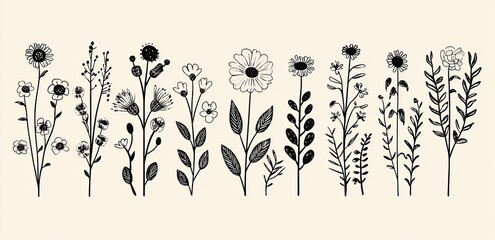 Minimalist flower and floral branch design, perfect for logo or tattoo use. Hand-drawn wedding herbs and elegant leaves are ideal for invitation and save-the-date cards, embodying a botanical rustic