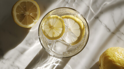 Refreshing citrus water: Lemon slices and ice cubes in a clear glass on a marble surface with light reflections.