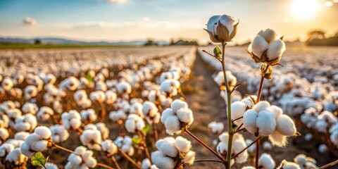 Cotton field with cotton balls on plant in foreground, countryside scenes