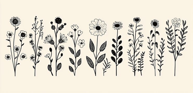 Minimalist flower and floral branch design, perfect for logo or tattoo use. Hand-drawn wedding herbs and elegant leaves are ideal for invitation and save-the-date cards, embodying a botanical rustic