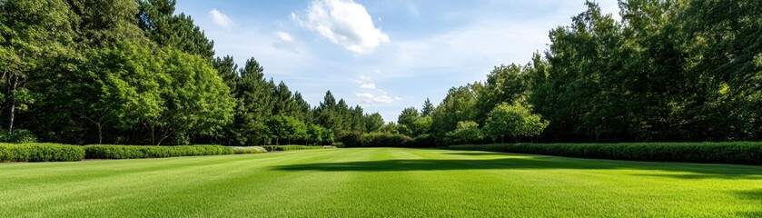 Expansive Green Lawn and Bordering Trees Under a Partly Cloudy Sky, Perfect for Outdoor Recreation and Relaxation