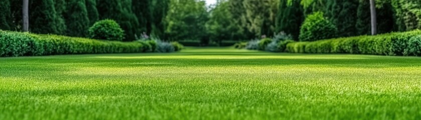 Lush green lawn stretching into the distance, bordered by manicured hedges and trees, creating a serene and inviting outdoor space